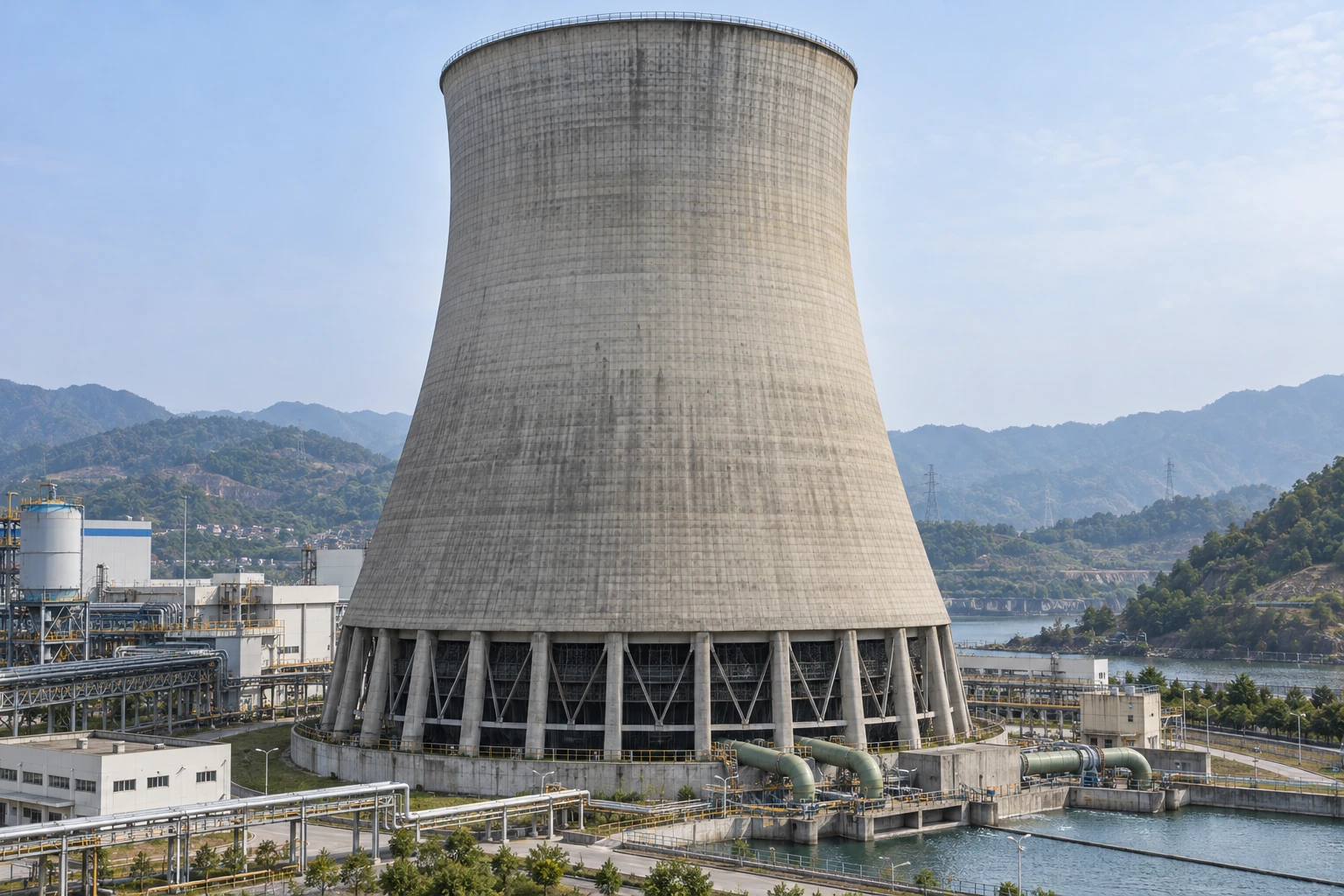 Large concrete natural-draft cooling tower showing its open base and full tower structure
