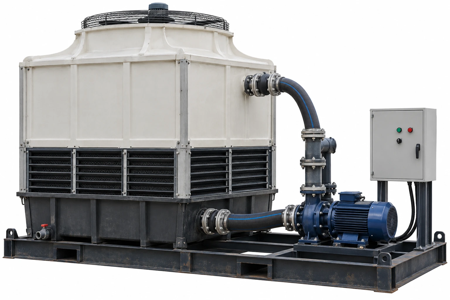 Small relocatable industrial cooling tower and pump mounted on a steel skid