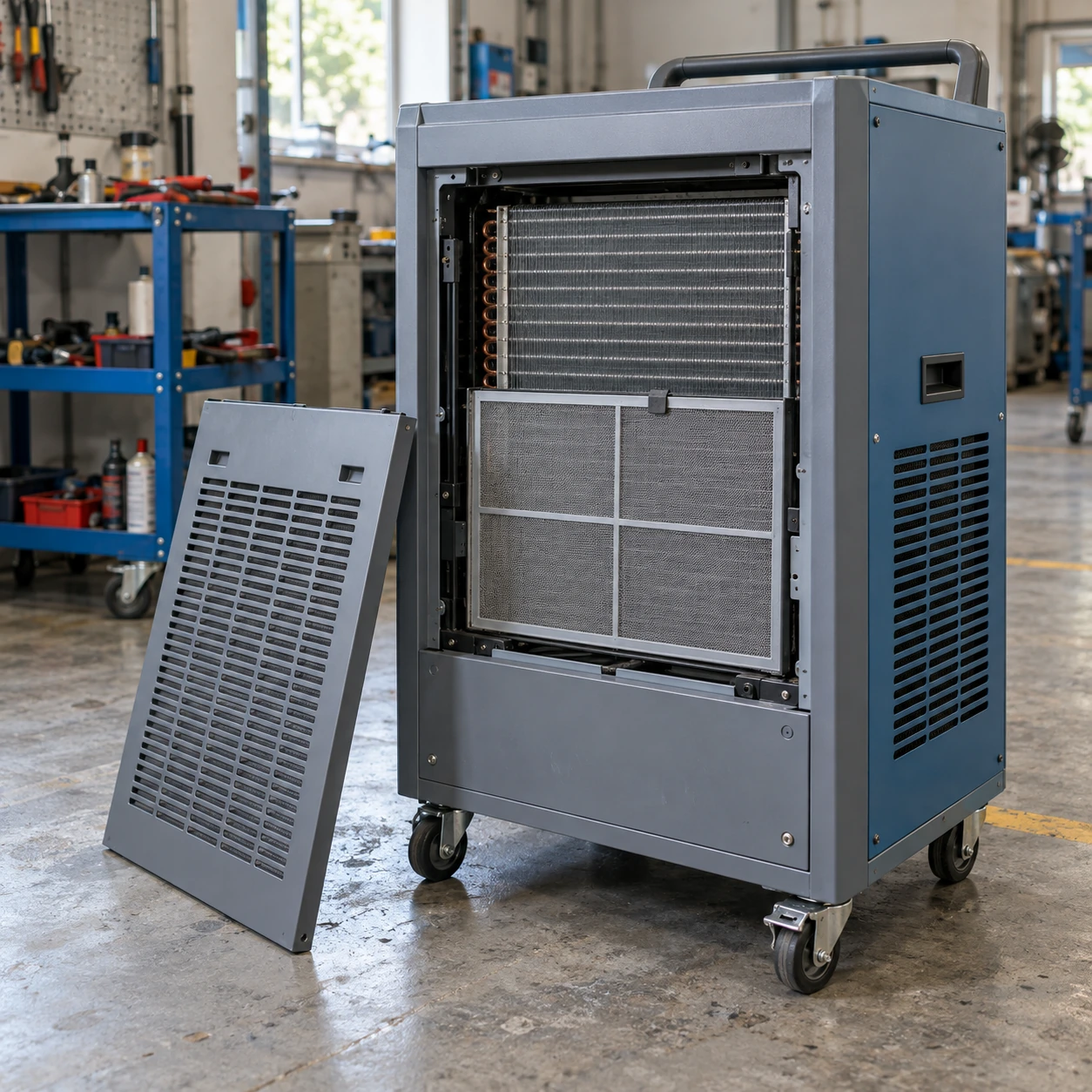 Metal dehumidifier in an equipment workshop with its filter access panel removed for inspection