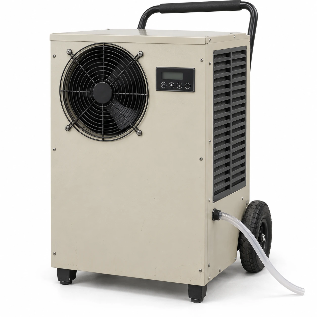 Portable beige metal dehumidifier with a protected fan outlet, transport handle, wheels and drain hose