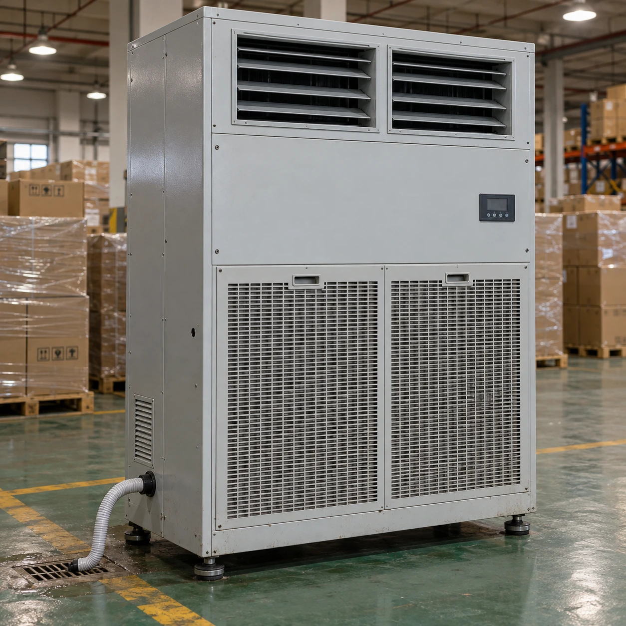 Large floor-standing industrial dehumidifier with twin discharge louvres and a condensate hose in a packaging warehouse