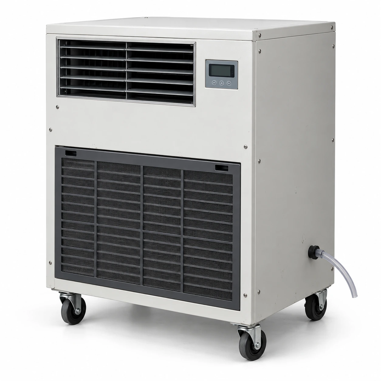 Upright metal-cabinet refrigerant dehumidifier with intake filter, discharge louvres and caster wheels