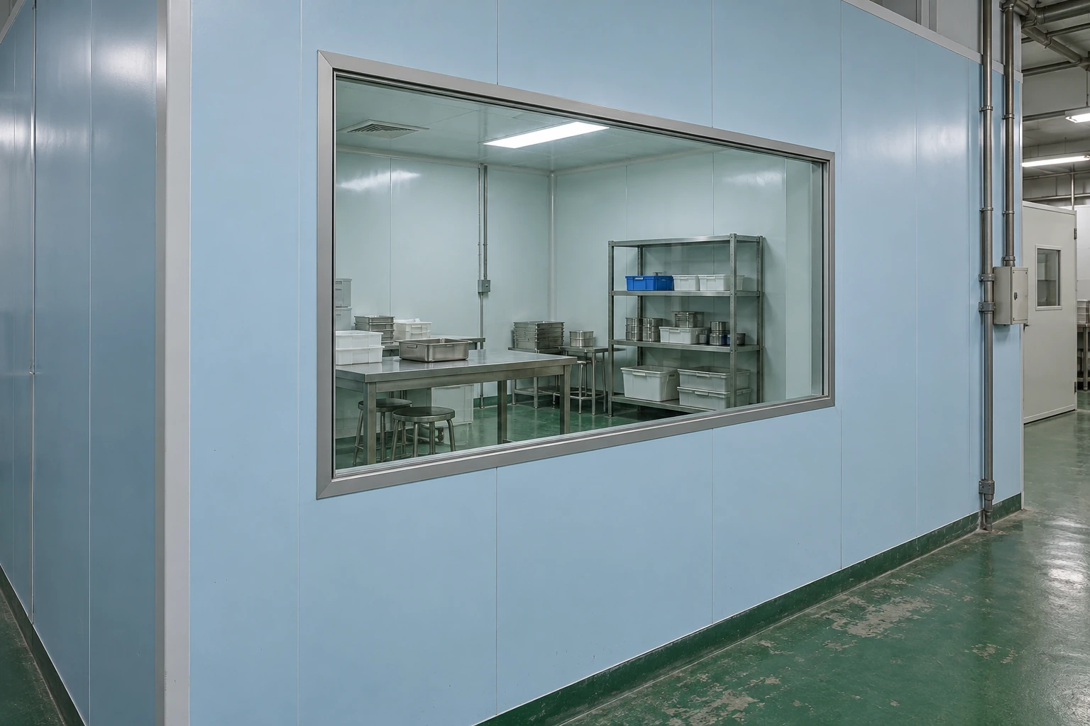 Wide fixed observation window fitted flush into a pale blue production partition with a small workroom visible beyond