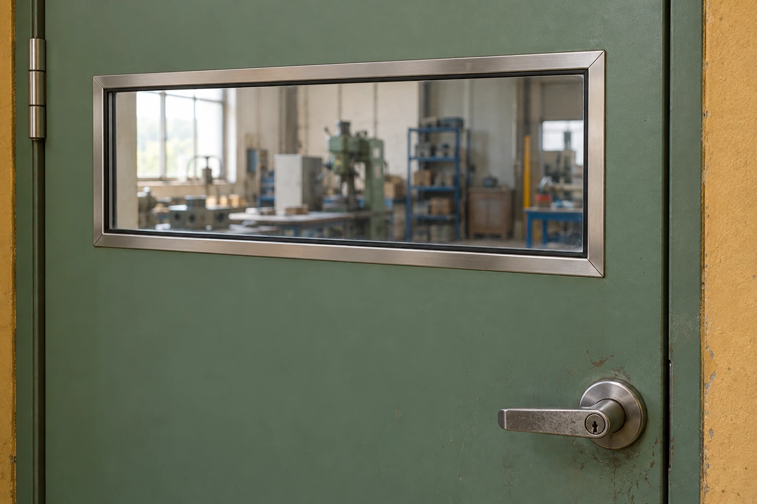 Narrow rectangular glazed vision panel with stainless retaining edges fitted into a sage green industrial door