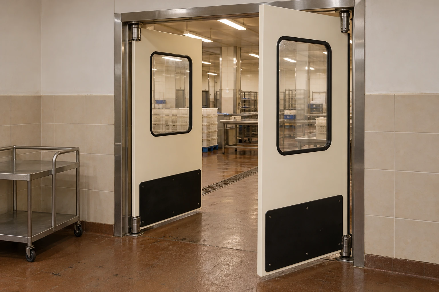 Pair of cream double-action traffic doors with vision panels and black lower impact protection in a packing passage