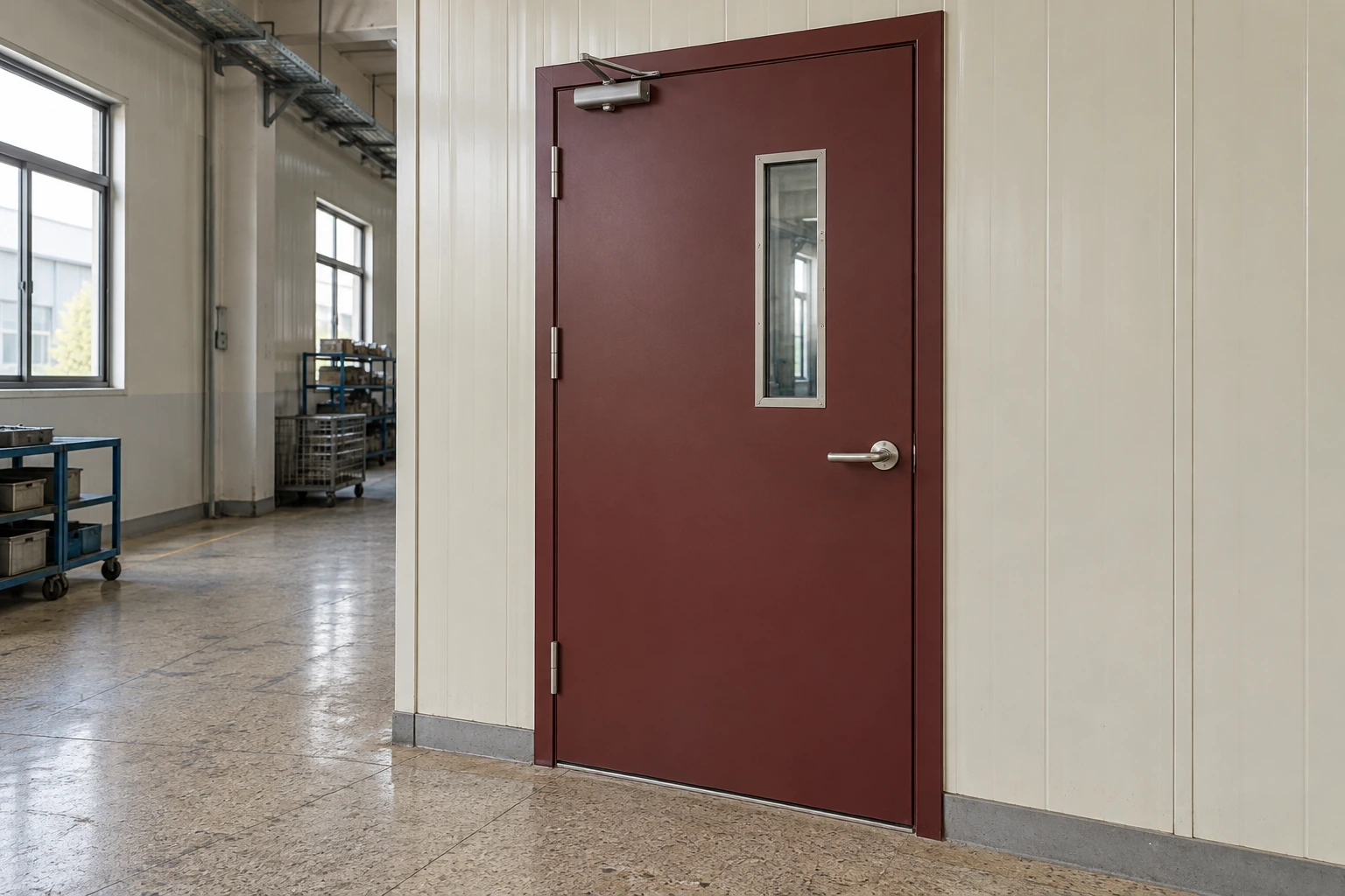 Closed red steel door with an overhead closer and vision panel installed in a production corridor