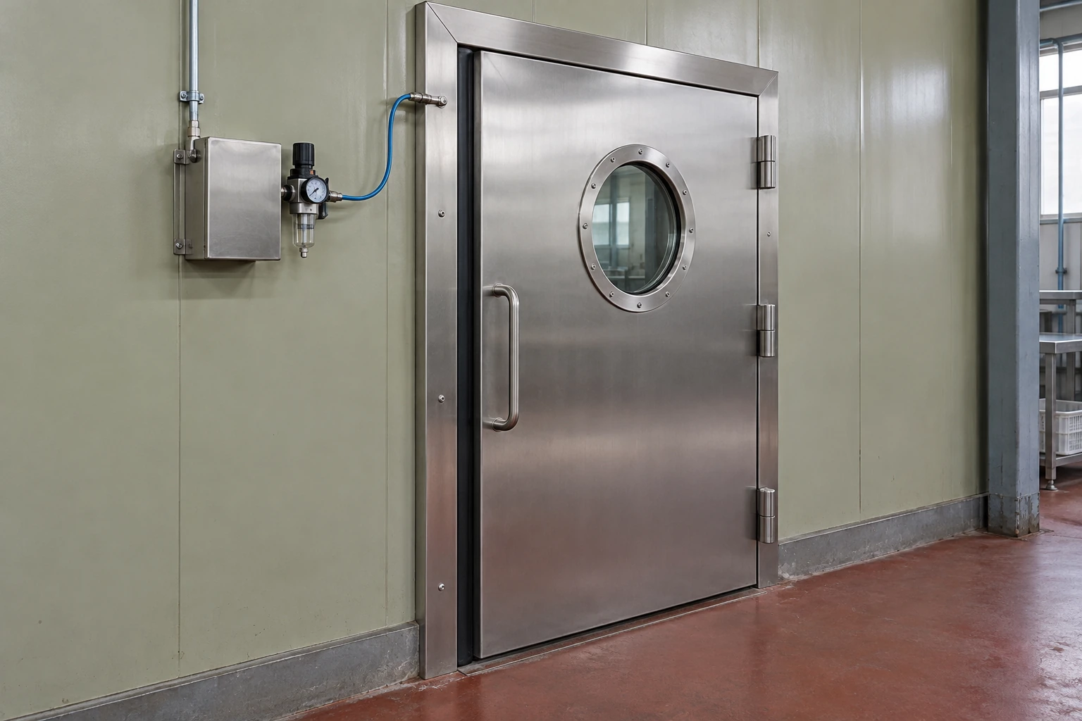 Stainless steel process door with a circular observation window and adjacent pneumatic control box in an olive panel wall