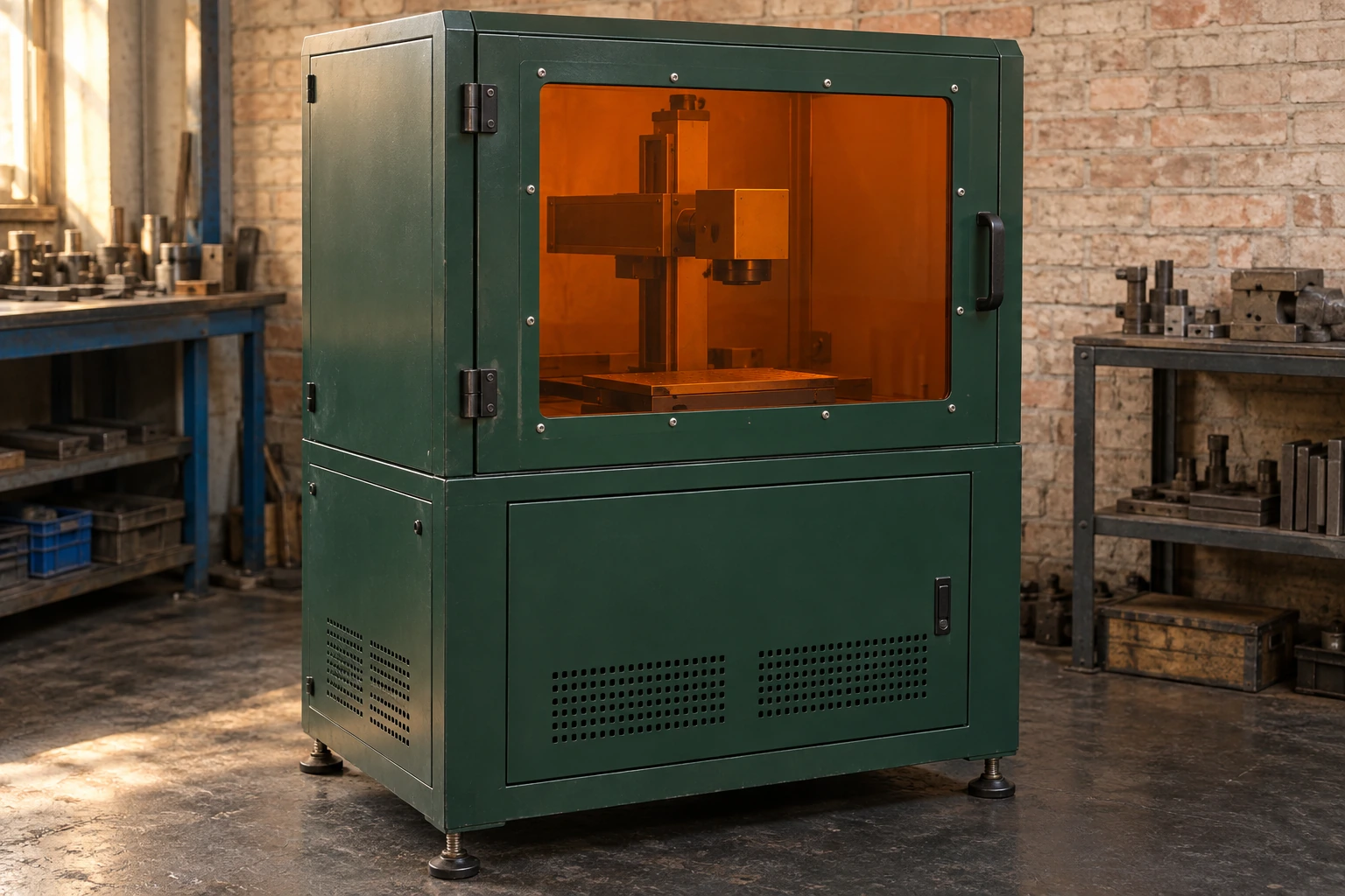 Amber filter viewing window retained in a closed green industrial laser equipment enclosure