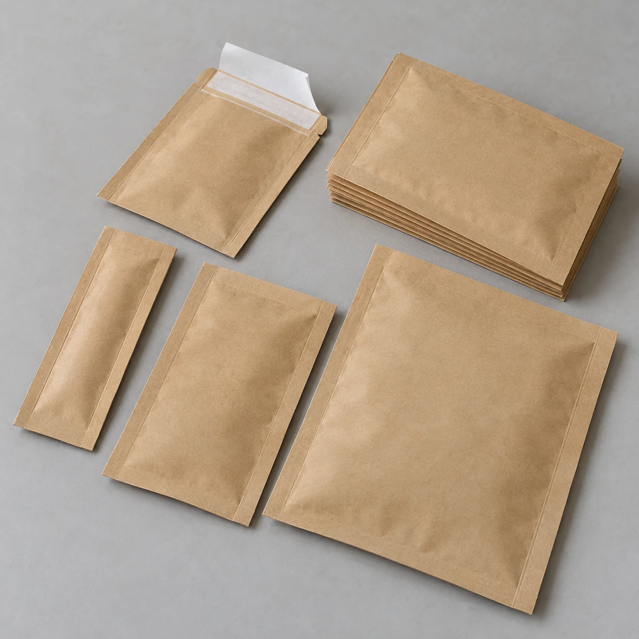 Three sizes of opaque kraft paper self-sealing dry heat sterilizer pouches with an open release liner