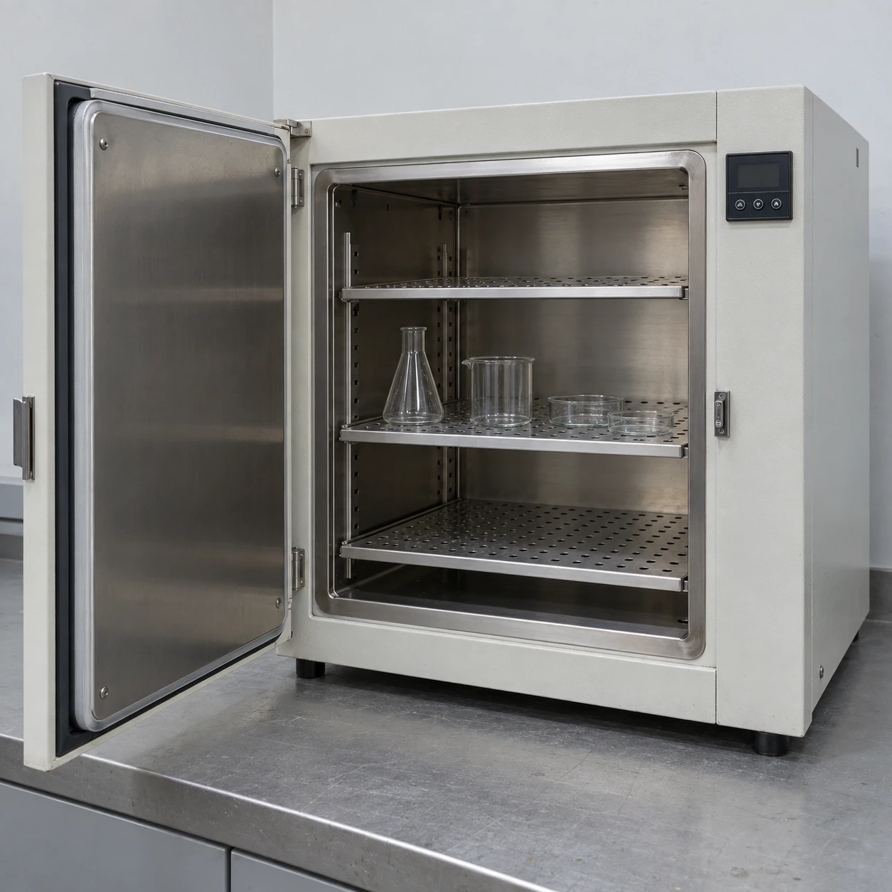 Bench-top dry heat sterilizer with stainless shelves and spaced empty laboratory glassware