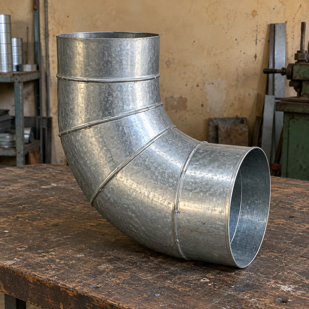 Segmented round duct elbow forming a right-angle turn