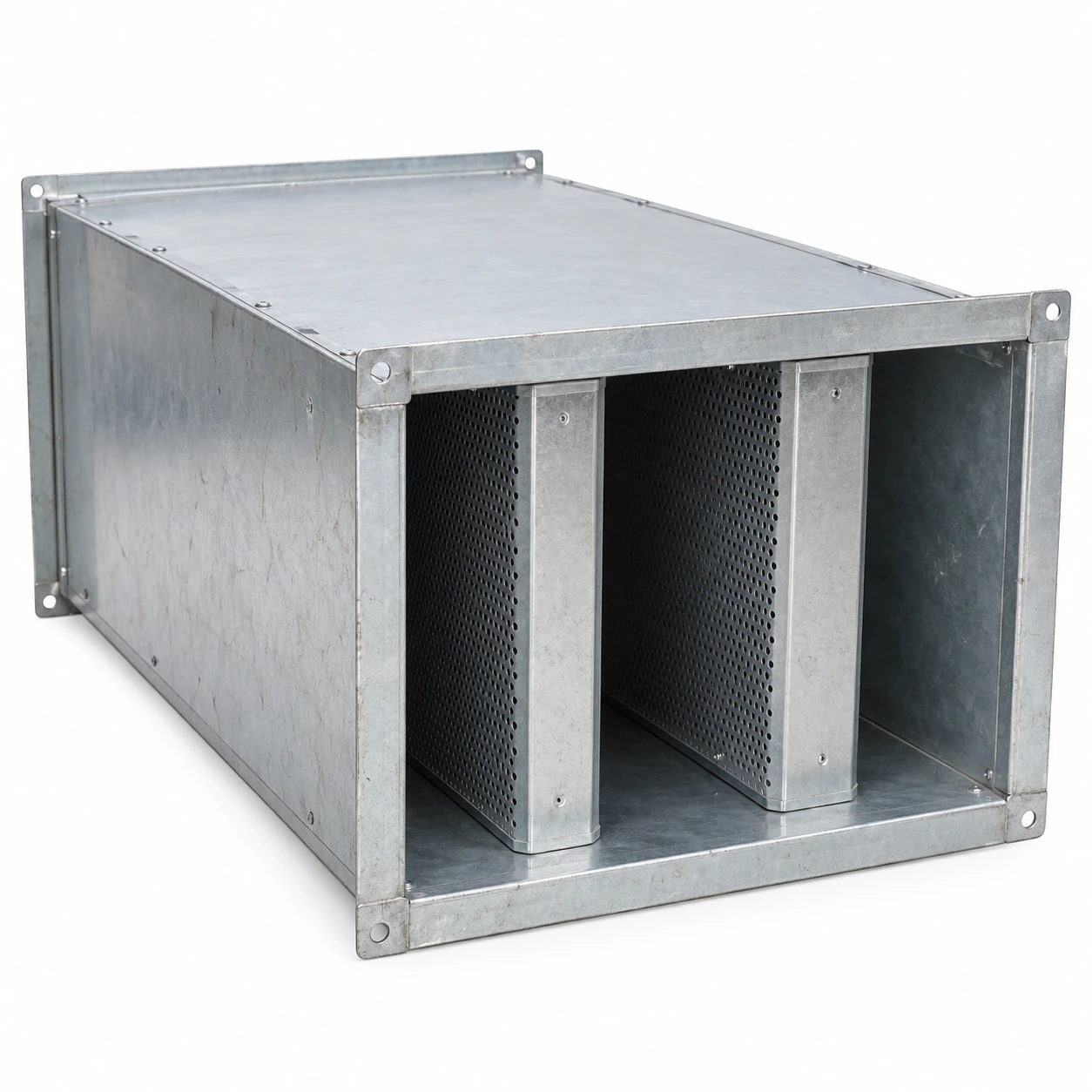 Galvanized rectangular duct silencer with protected acoustic splitters
