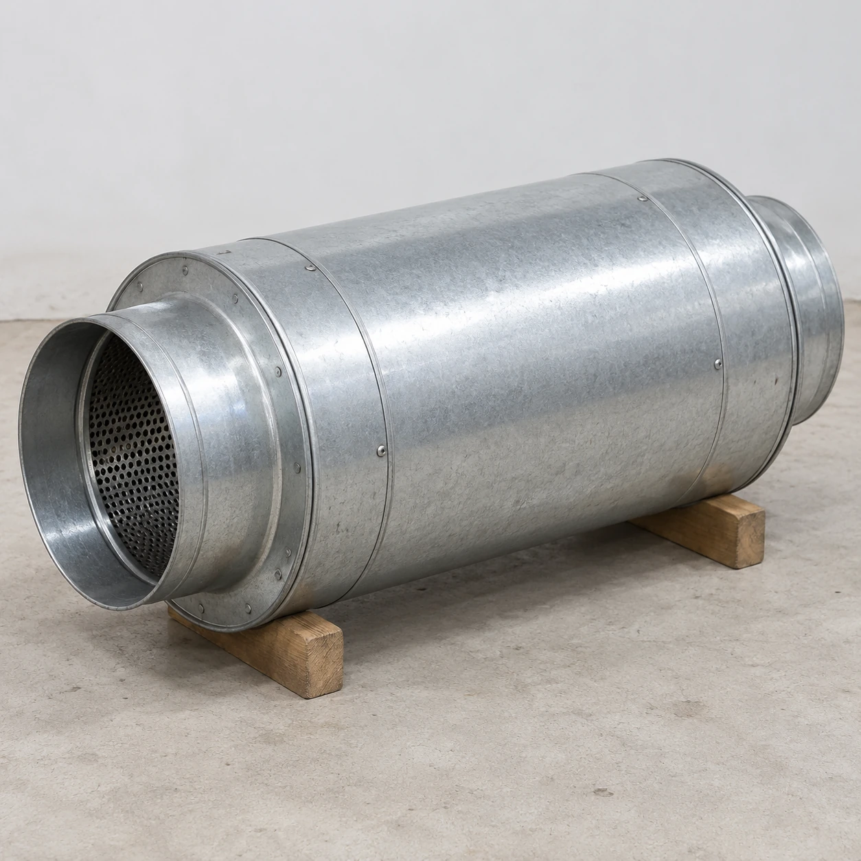 Circular inline duct silencer with equal-sized end connections on timber cradles
