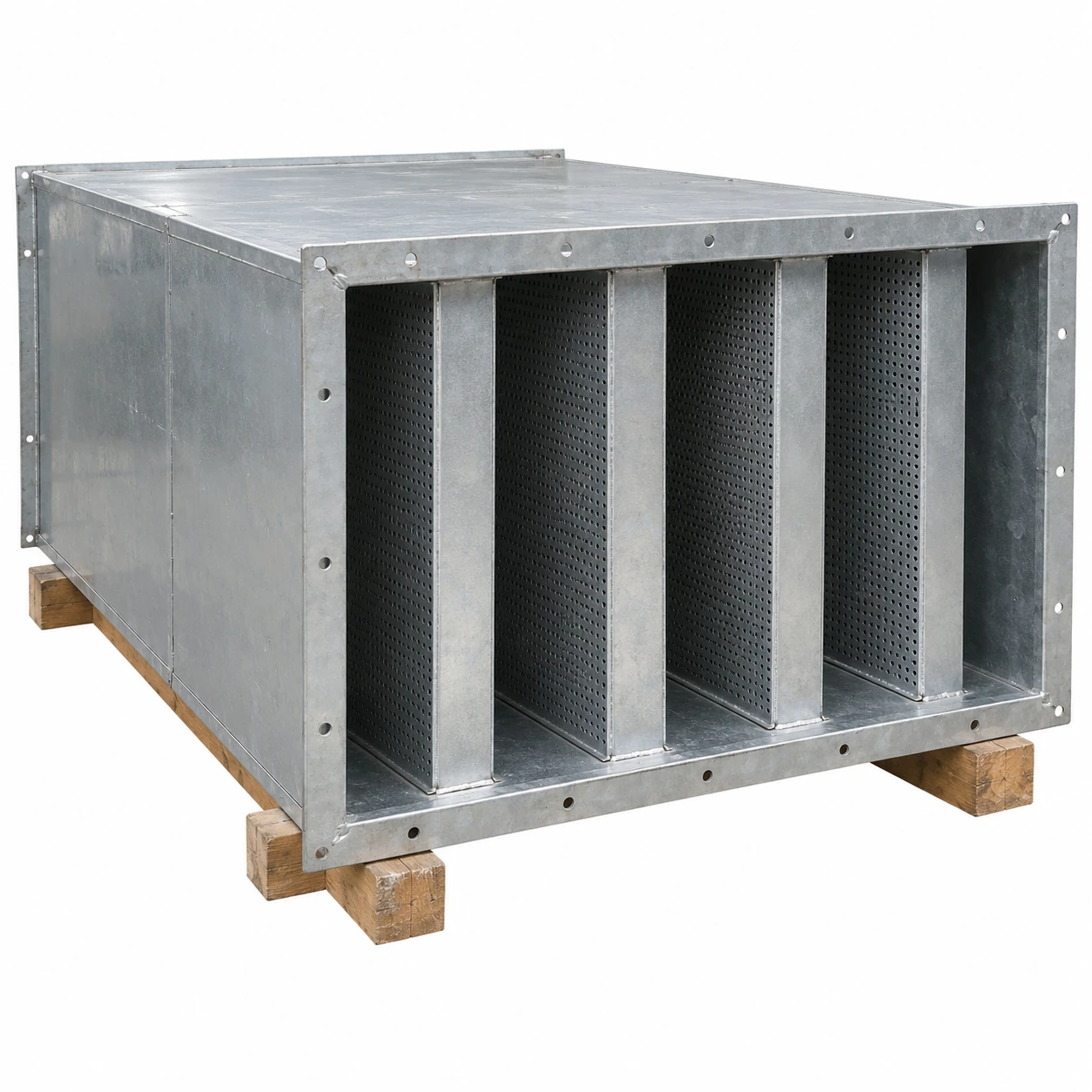 Wide rectangular galvanized duct silencer with four vertical splitter baffles