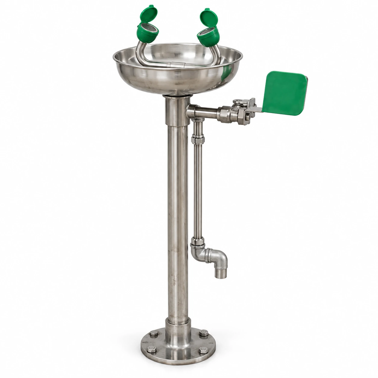 Pedestal emergency eyewash station with stainless steel bowl, covered twin heads and hand paddle