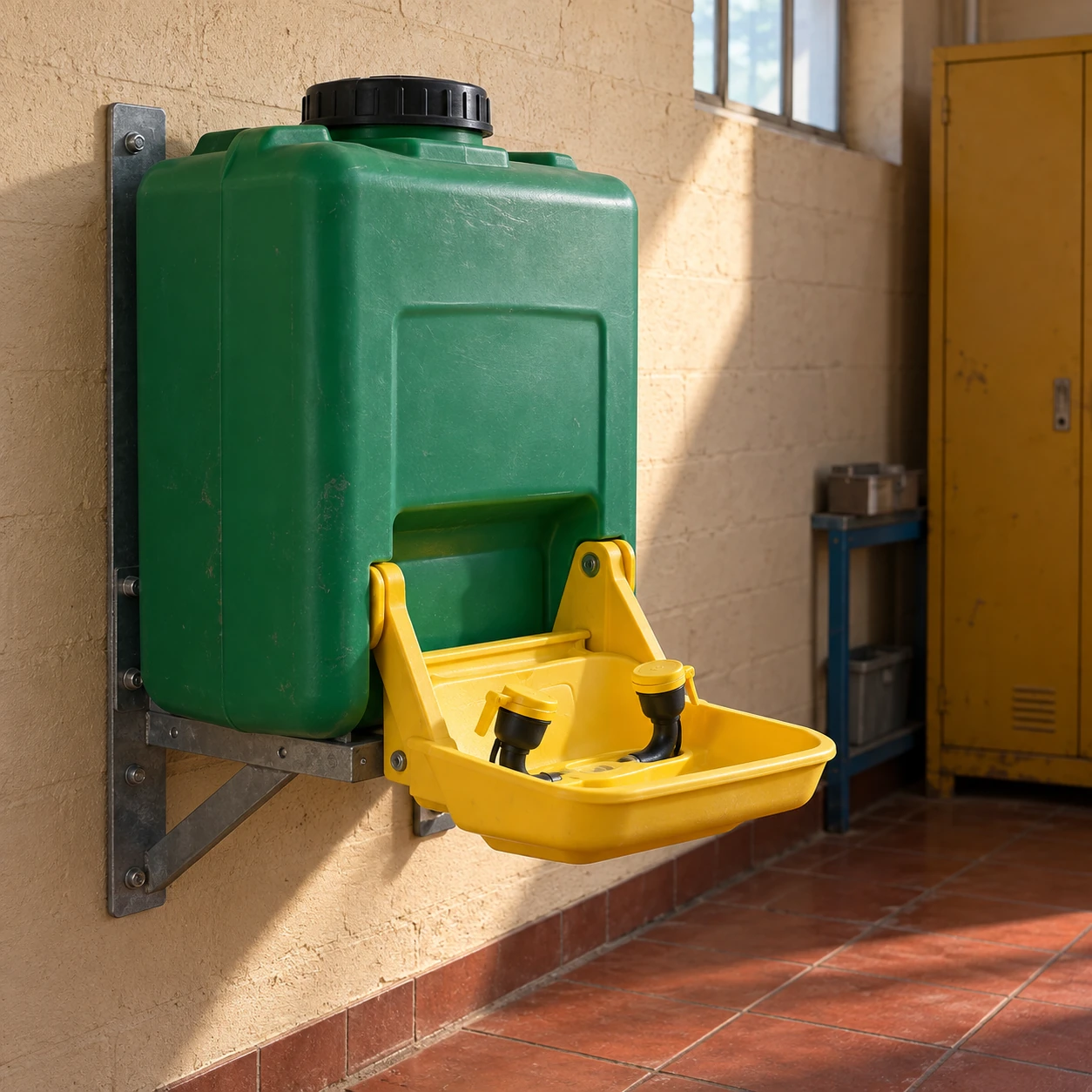Gravity-fed emergency eyewash reservoir with pull-down activation tray mounted on a wall bracket