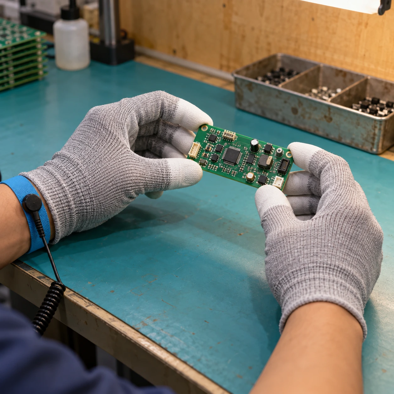 Gloved hands holding an unpowered circuit board by its edges at an electronics bench