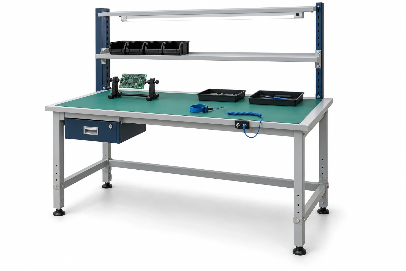 ESD assembly workbench with dissipative mat, grounding connection, component shelf and task light