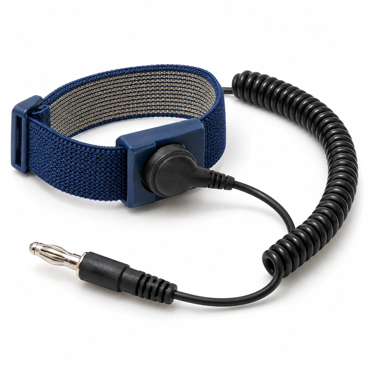 Adjustable fabric ESD wristband with a coiled grounding cord and banana plug