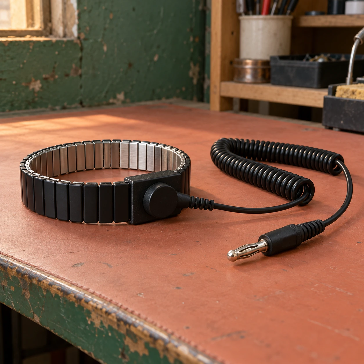 Black metal expansion ESD wristband with silver inner links and a coiled cord