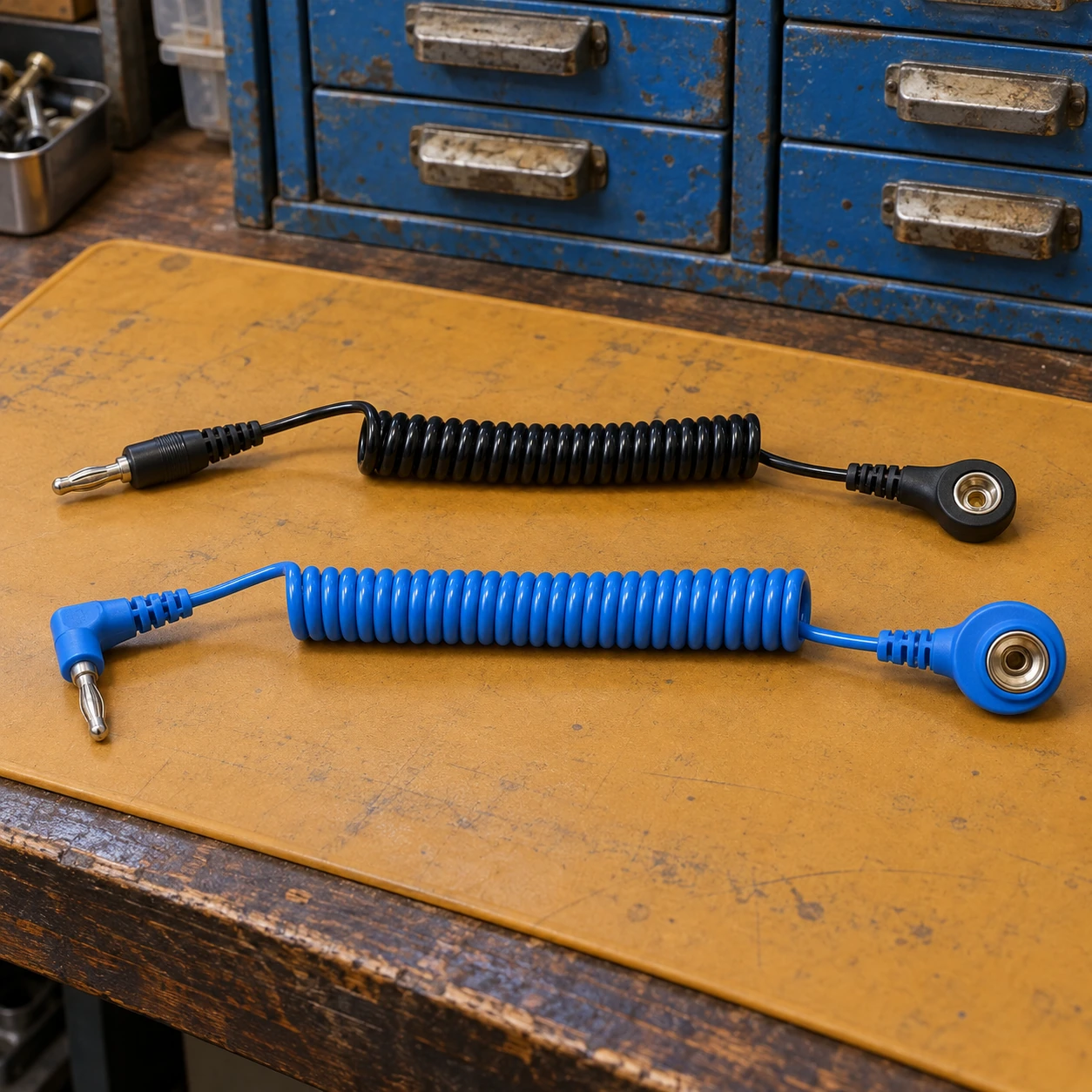 Replacement coiled ESD wrist strap cords with molded snap sockets and ground plugs