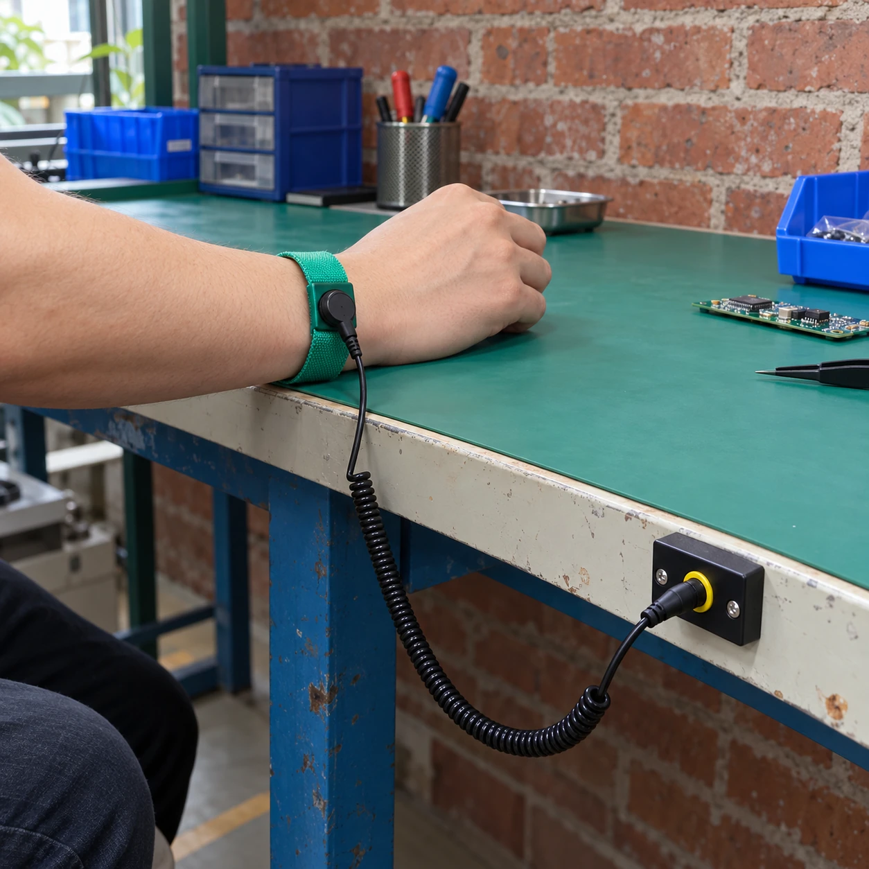 Fabric ESD wristband connected by a coiled cord to a bench-mounted grounding block