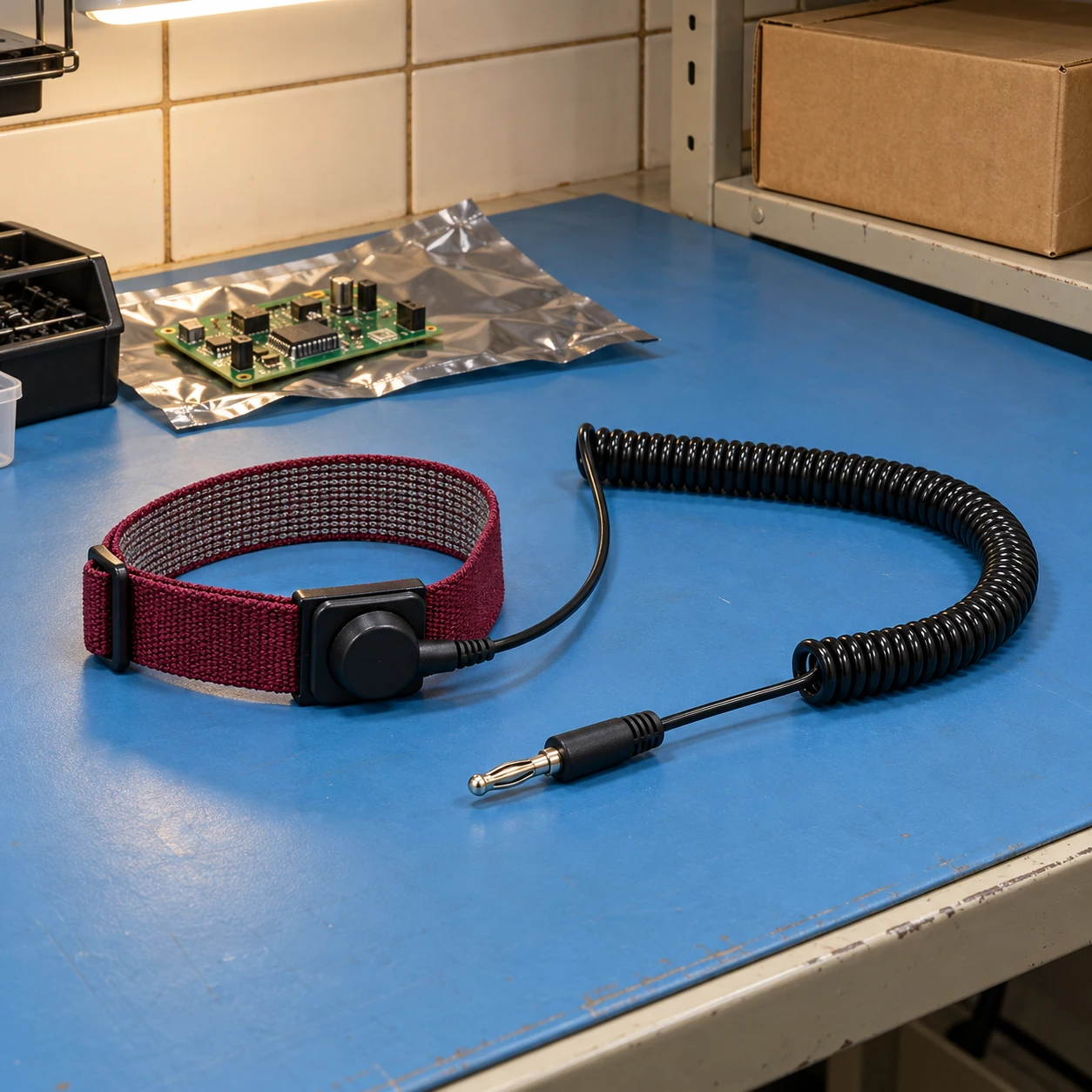 Fabric ESD wrist strap and coiled cord beside a static-shielding bag at an electronics bench