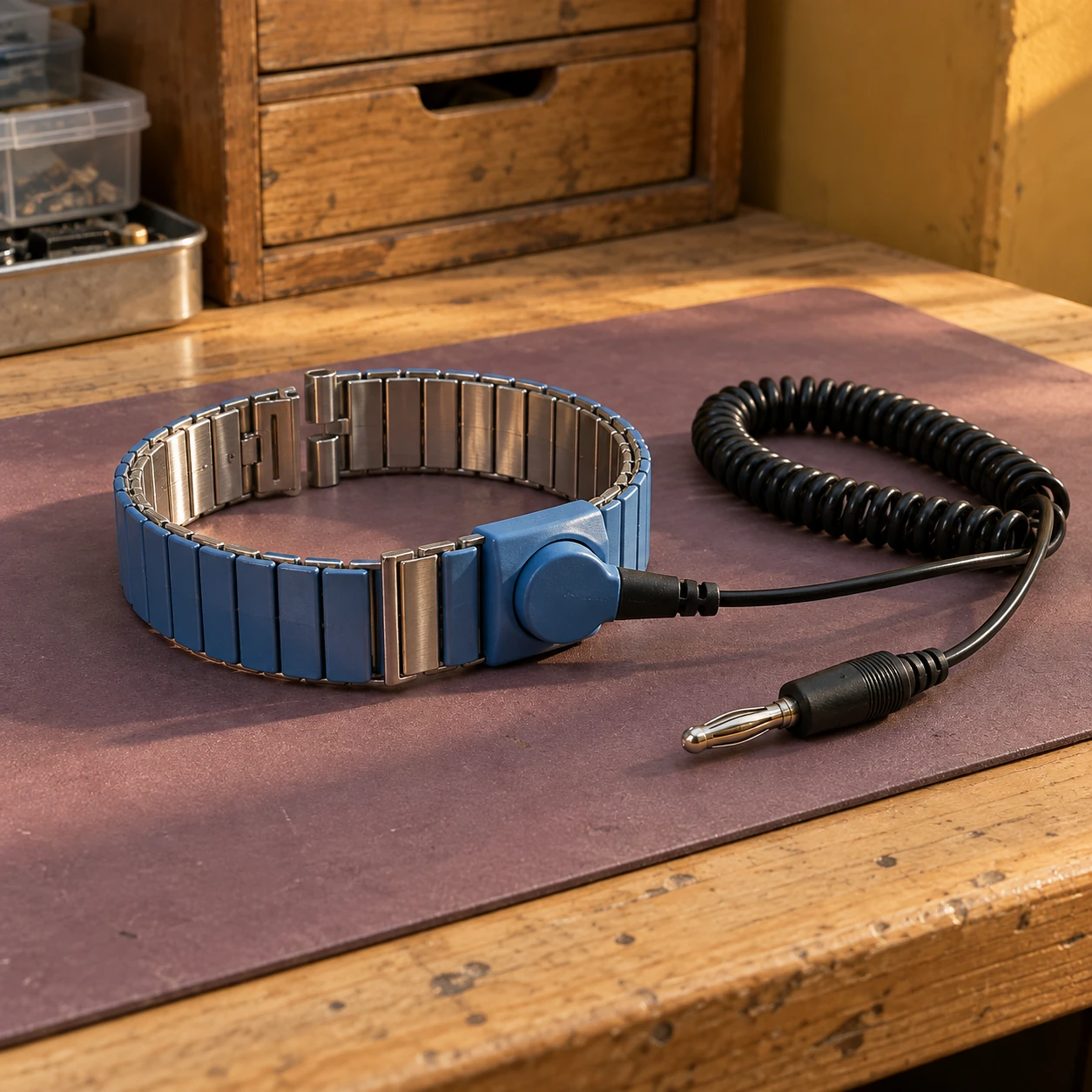 Adjustable metal-link ESD wristband with a blue housing and detachable grounding cord
