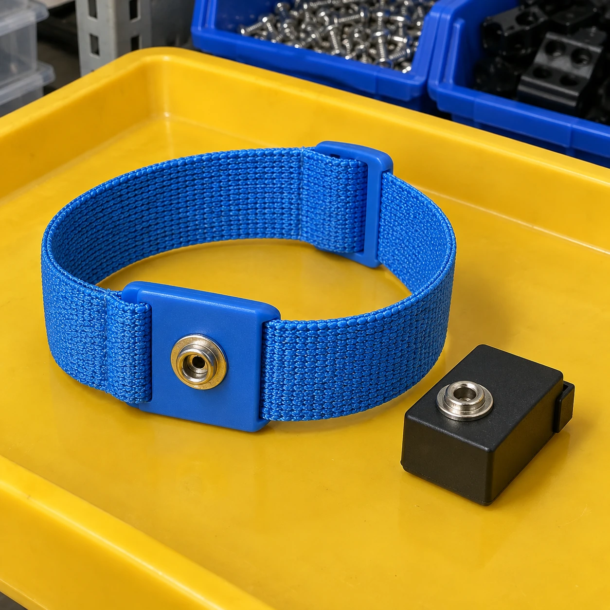 Cordless-style blue wristband displayed alone on an inspection tray