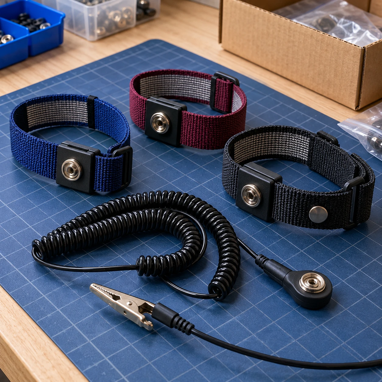Three adjustable fabric wristbands in different colors with a grounding lead on a packing bench