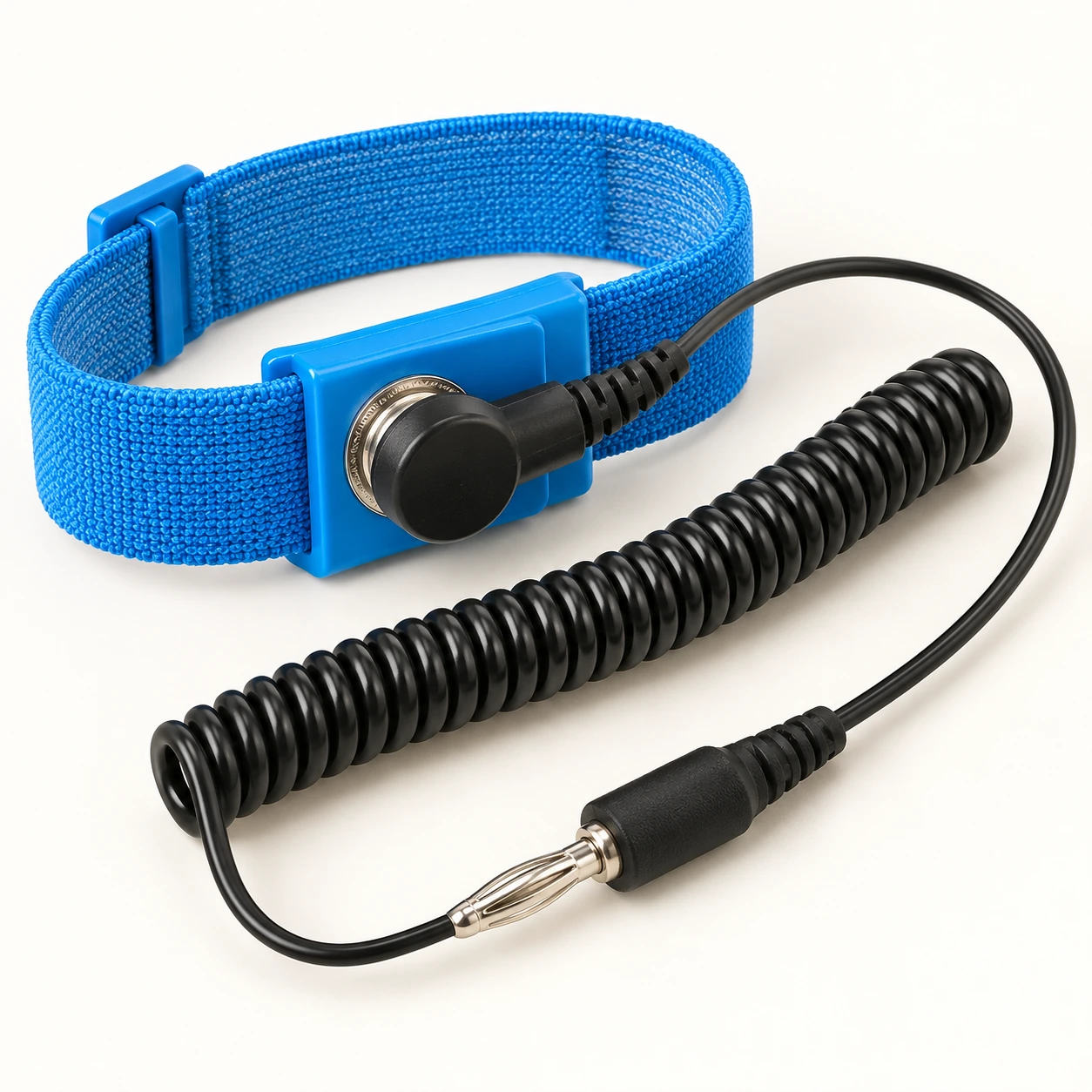 Blue adjustable fabric wrist strap with a coiled grounding cord and connector