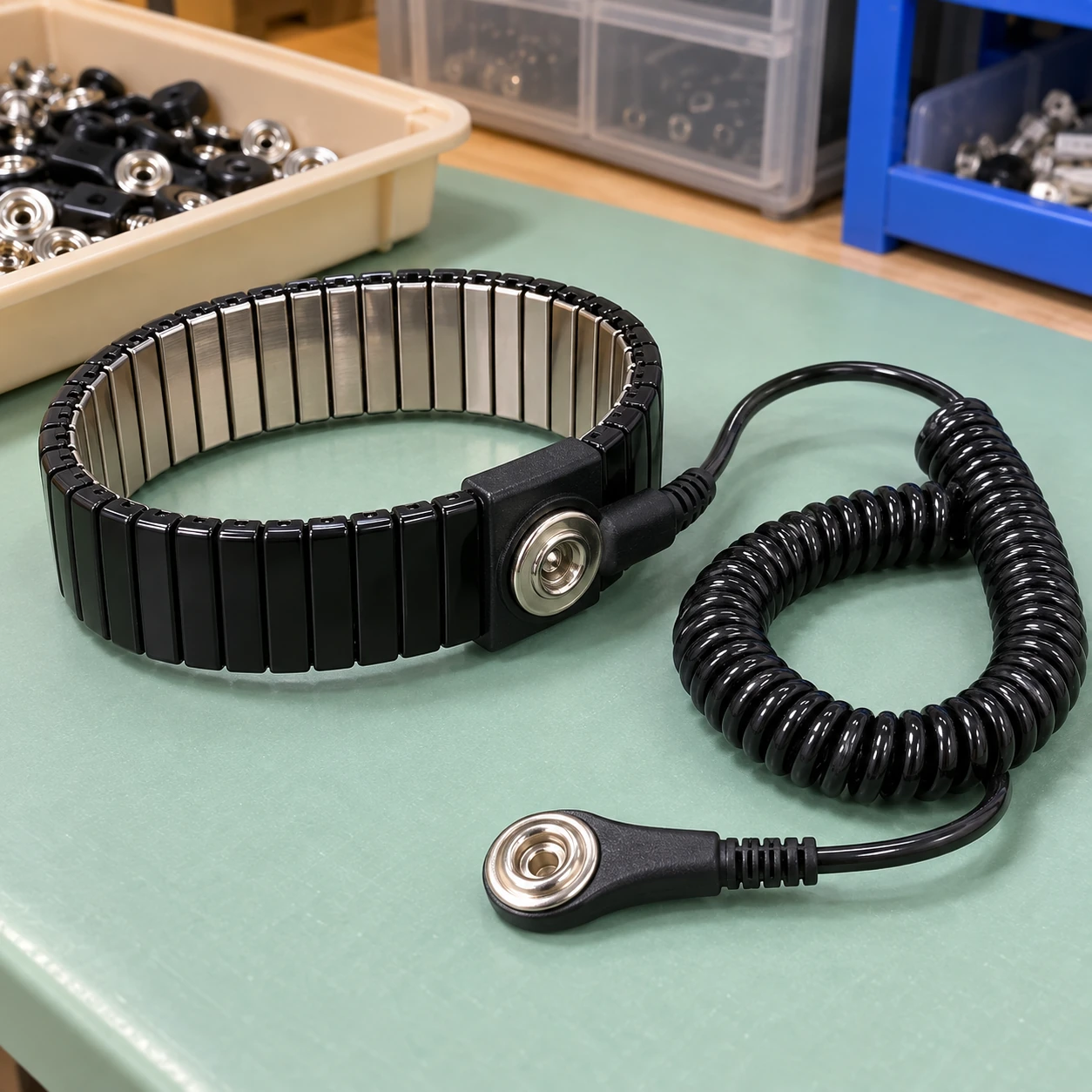 Metal expansion wristband with smooth inner links and a matching grounding cord