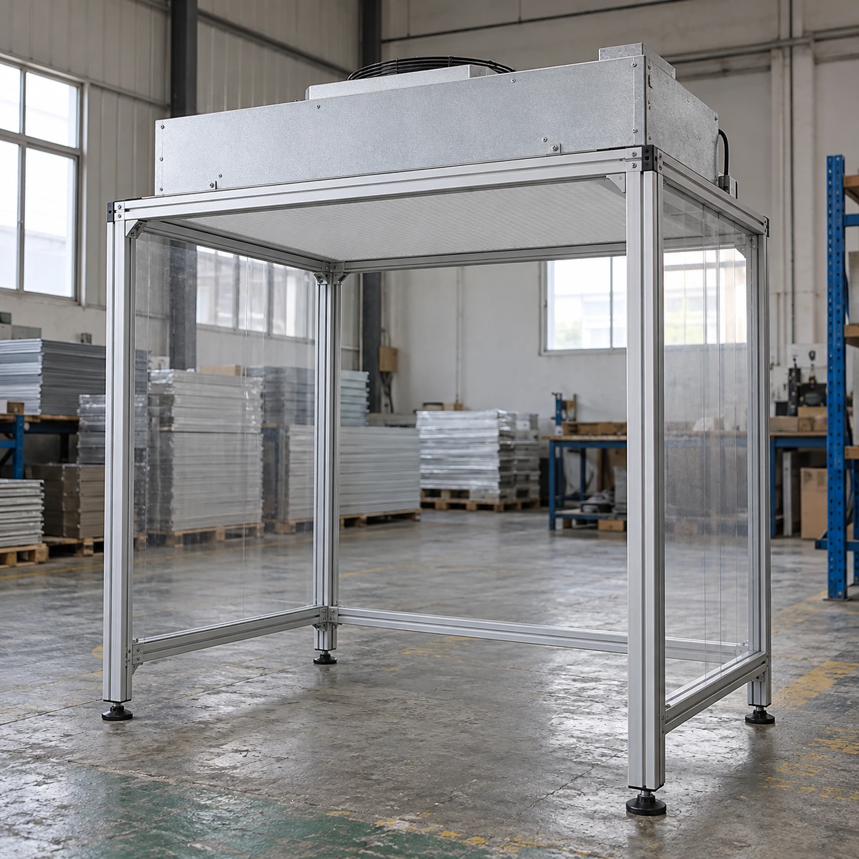 Compact FFU above a small aluminium-frame industrial work enclosure