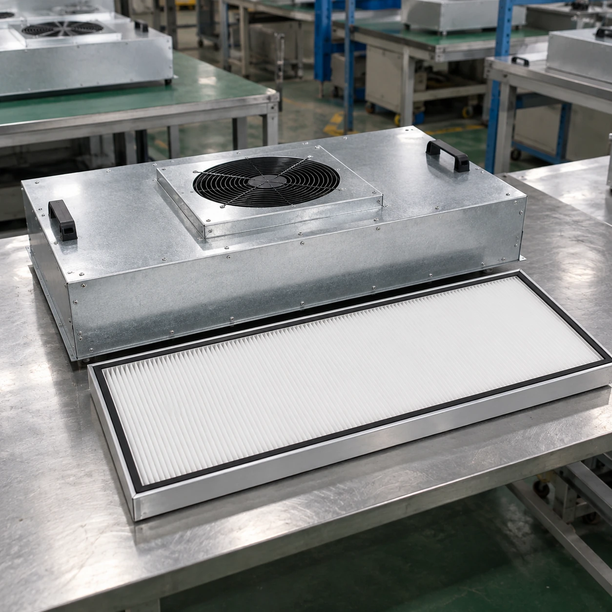 Rectangular fan filter housing and a separate matching HEPA panel