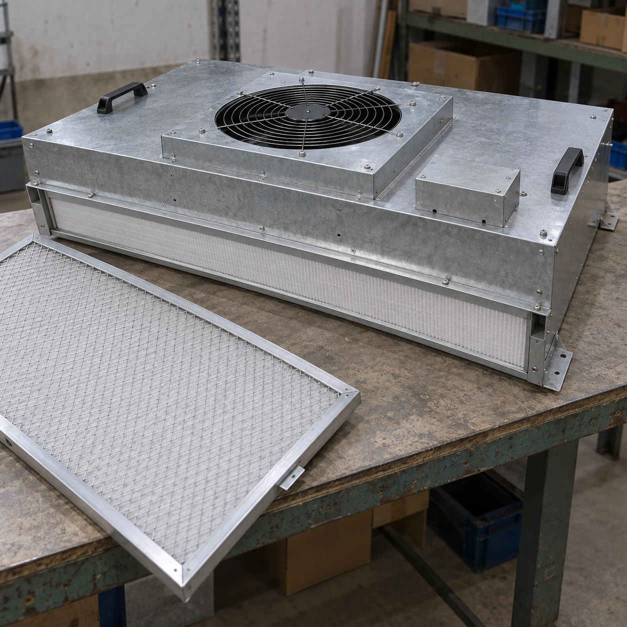 Galvanized FFU and removable inlet prefilter on a workshop bench