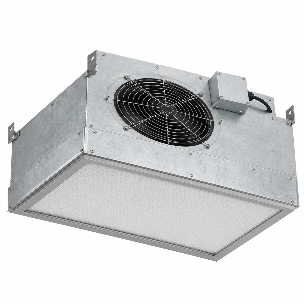 Square galvanized fan filter unit with a guarded top inlet