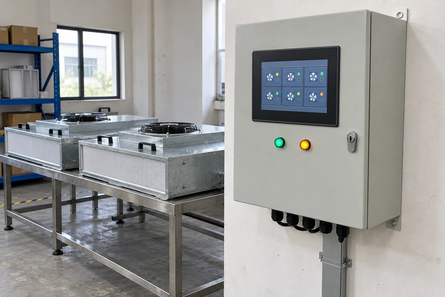 Wall mounted FFU control cabinet with touchscreen and status lamps beside fan filter units in a workshop