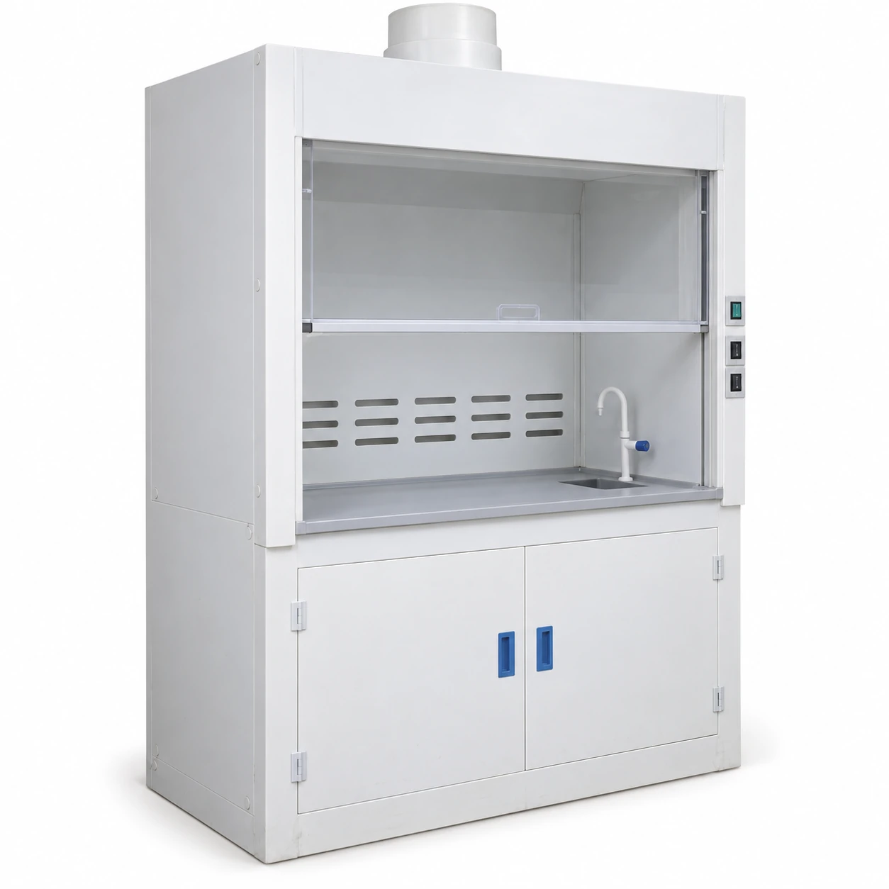 White polypropylene industrial chemical fume hood with vertical sash and lower cupboards