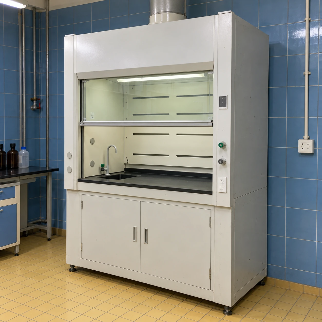Powder-coated steel chemical fume hood with a dark worktop, light liner and small service sink