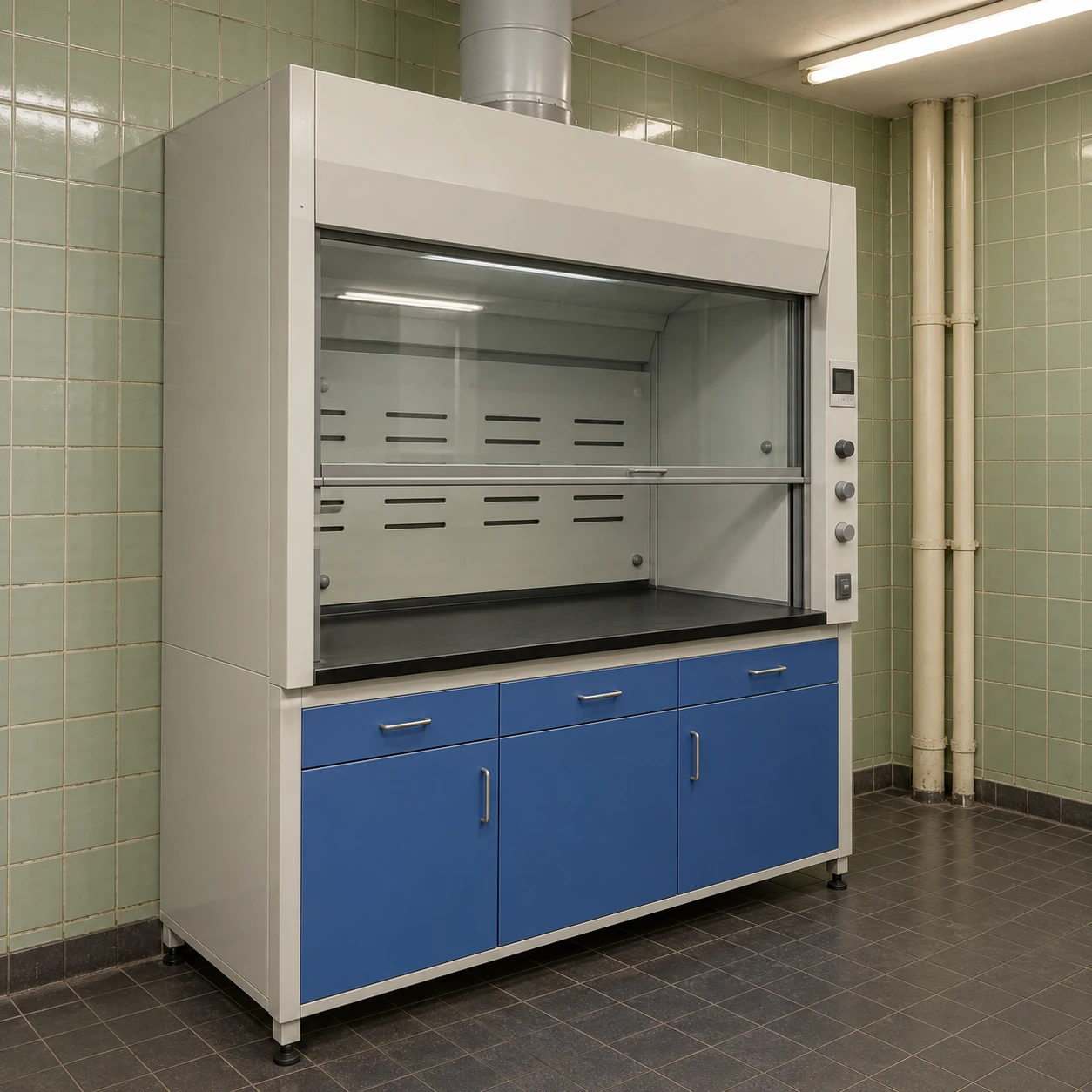 Practical steel laboratory fume hood with sash and accessible lower cabinet