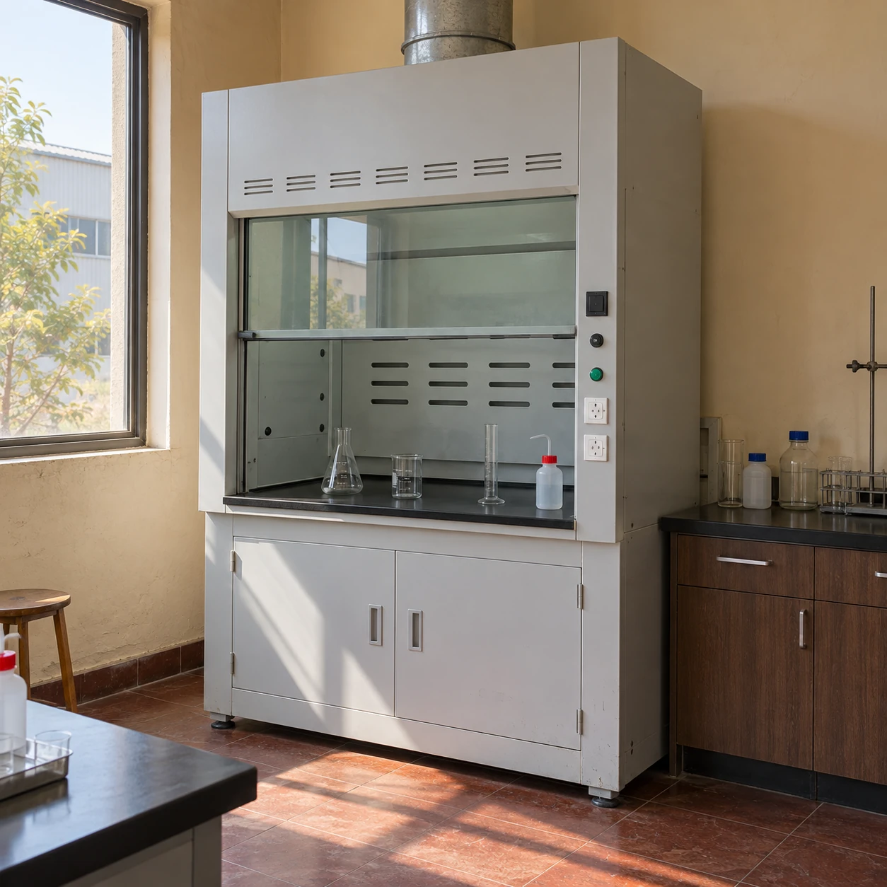 Ordinary steel laboratory fume hood with a glass sash, work surface and lower cabinet