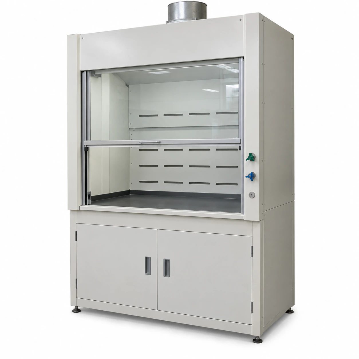Practical industrial steel fume hood showing the front sash, side services and base cupboard