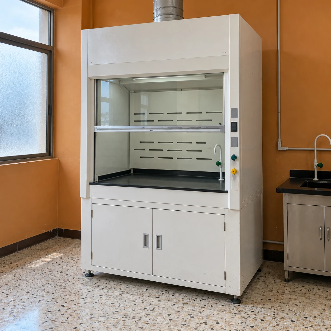 Ordinary steel fume hood with a wide viewing sash for an industrial science and testing laboratory