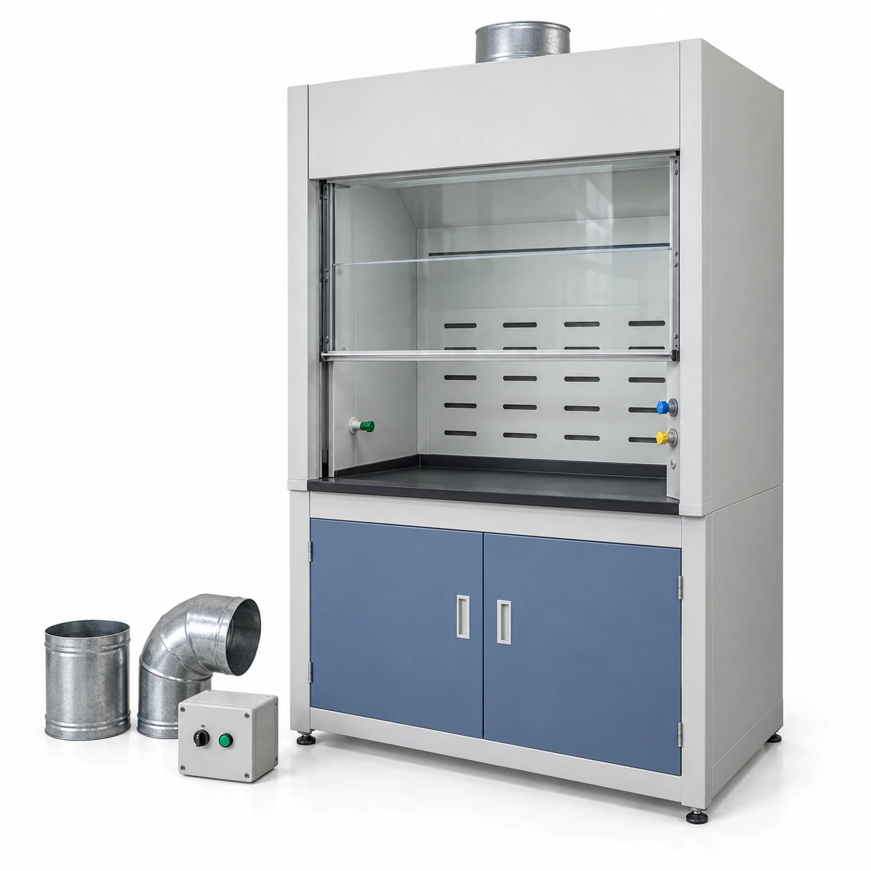 Single industrial steel fume hood with a small set of exhaust connection accessories beside it