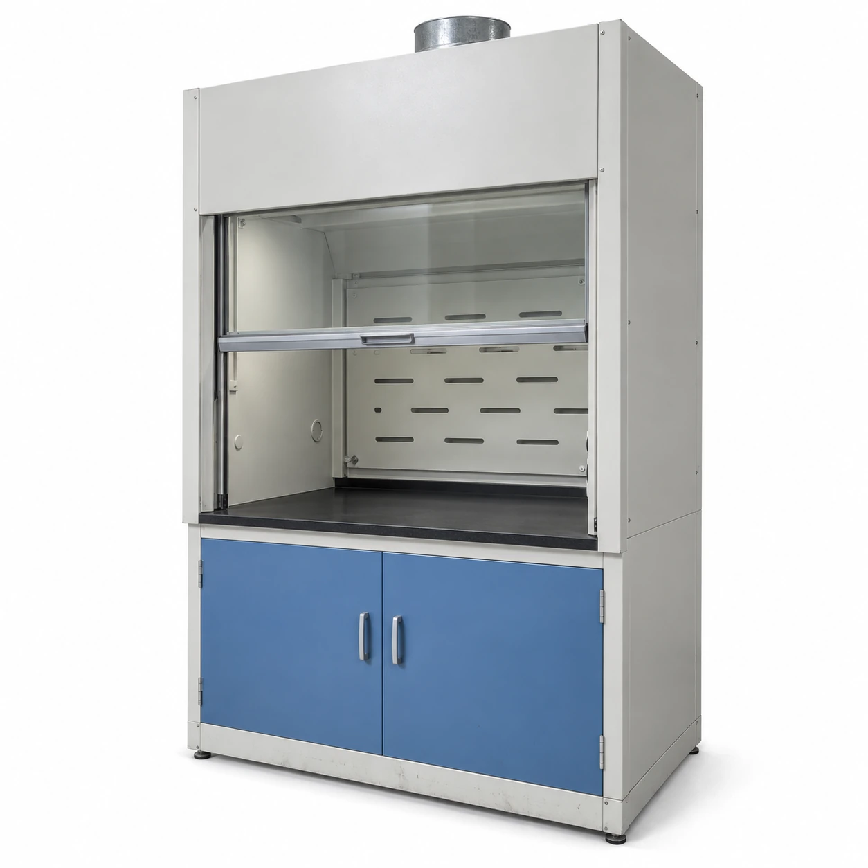 Ordinary industrial chemical fume hood with vertical sash and lower cabinet