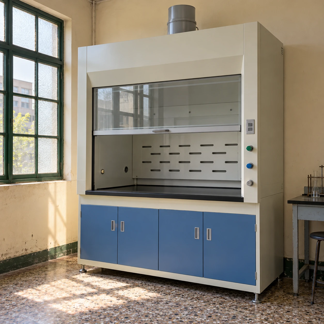 Compact steel laboratory fume hood with sash, work surface and base cupboard