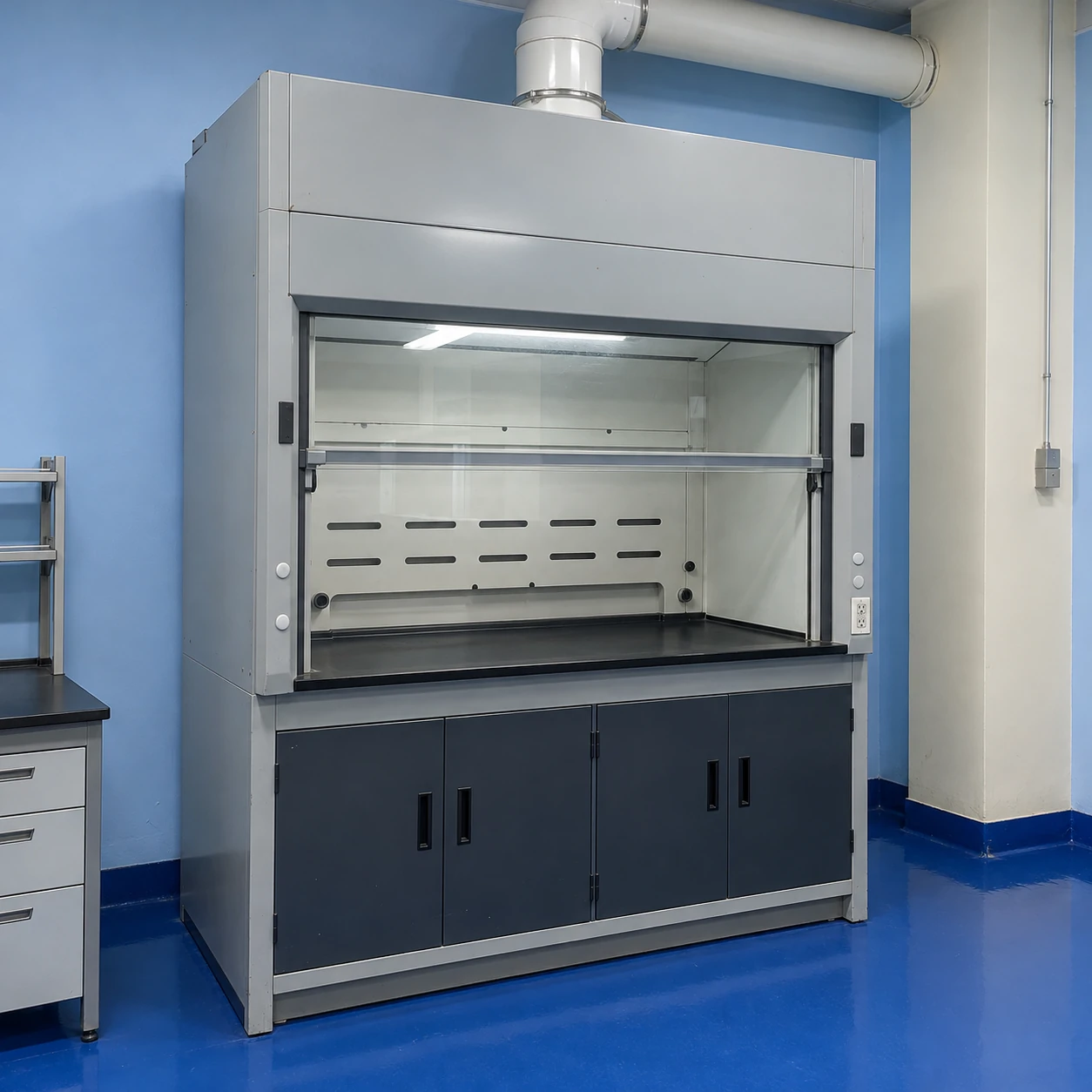 Ducted industrial laboratory fume hood with steel housing and adjustable sash