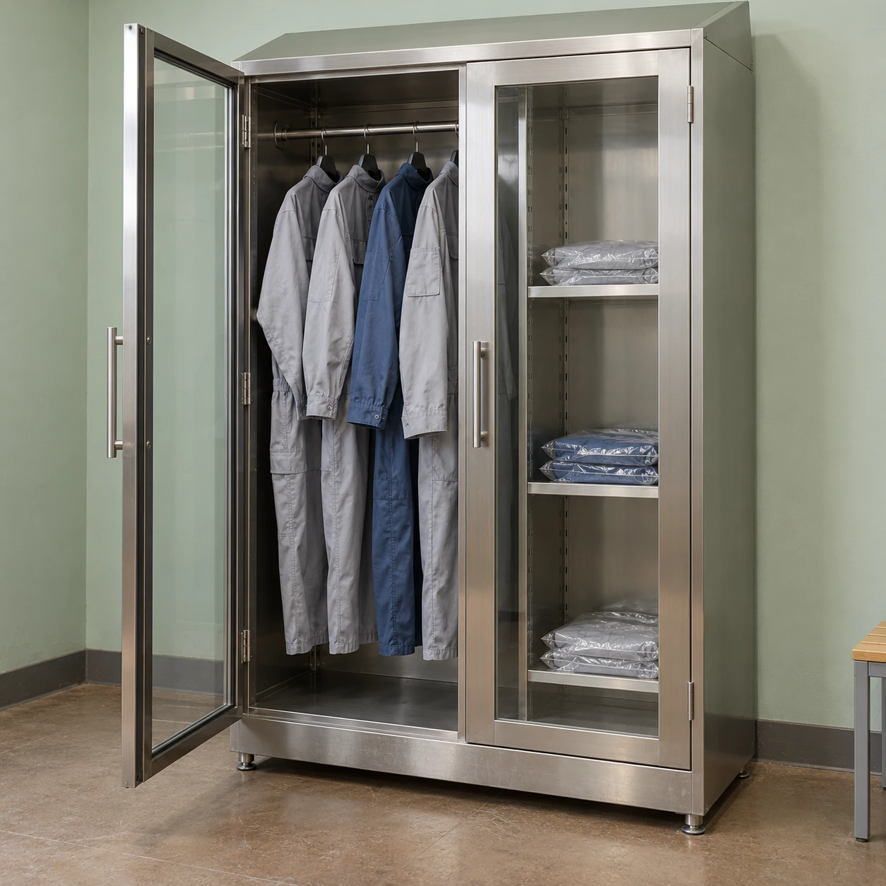 Stainless steel garment storage cabinet with hanging coveralls, packaged folded garments and transparent hinged doors