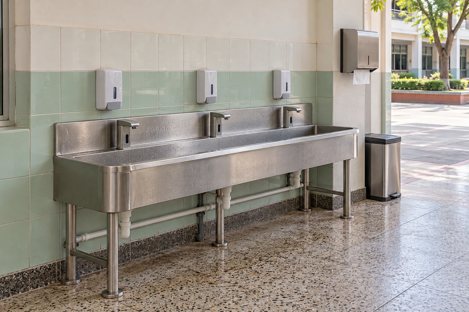 Low stainless steel three-tap handwashing trough with rounded edges in a tiled school corridor beside a courtyard