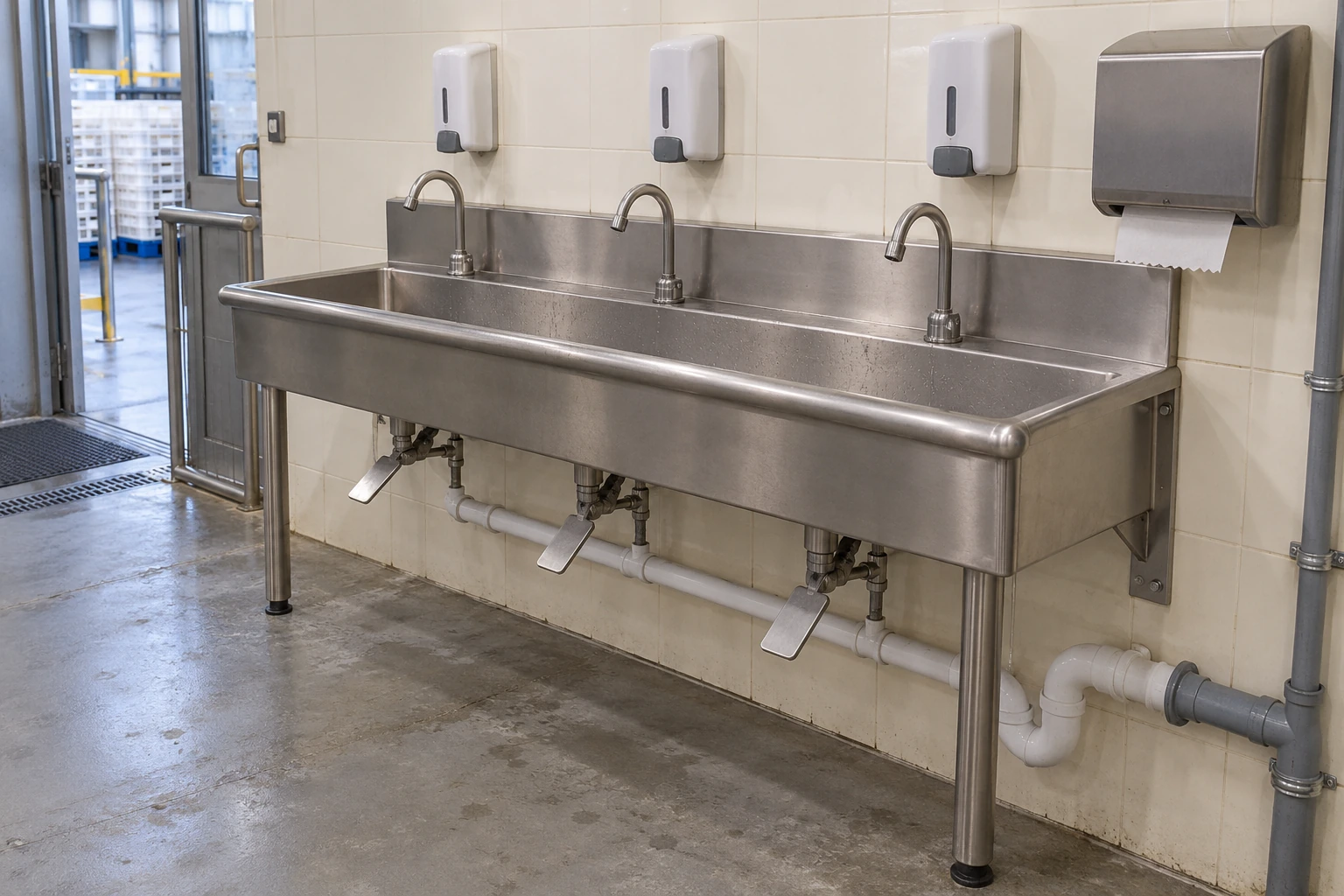 Three-tap stainless steel handwashing trough with knee controls and supporting legs at an industrial entrance